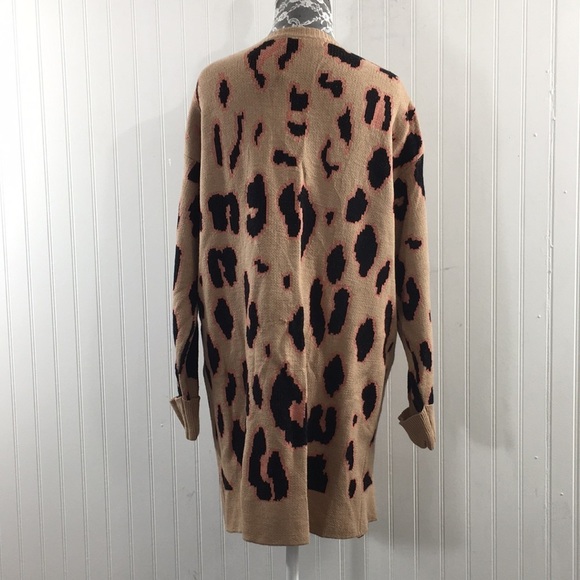 Zesica Tan‎ Pink Leopard Knit Cardigan Womens Medium Tunic Sweater Open Front - Picture 3 of 10